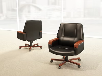 Comfortable Black Leather Office Chair With Wooden Armrests Five Star Base And Casters 3d model