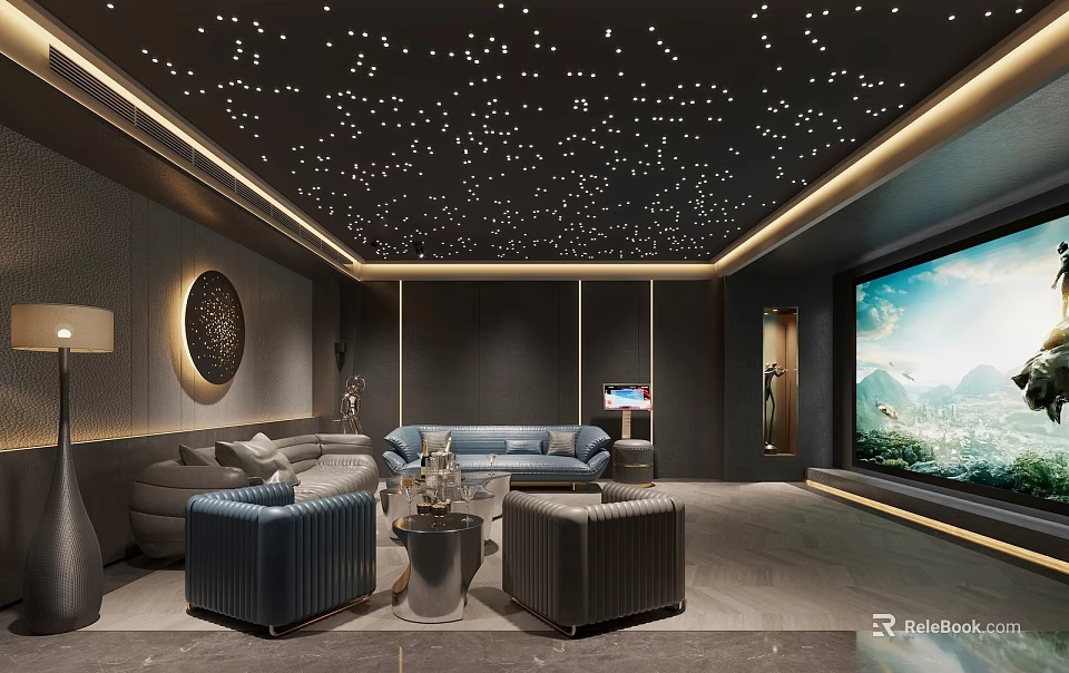 Modern Home Theater Interior With Starry Ceiling Large Screen And Comfortable Sofas 3d model 
