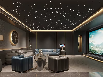 Modern Home Theater Interior With Starry Ceiling Large Screen And Comfortable Sofas 3d model