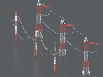 Industrial Equipment High Voltage Transmission Towers With Steel Lattice Structure And Power Lines 3d model