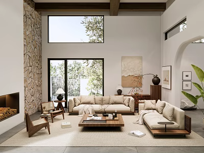 Loft Living Room With Modern Design Stone Wall And Natural Light 3d model