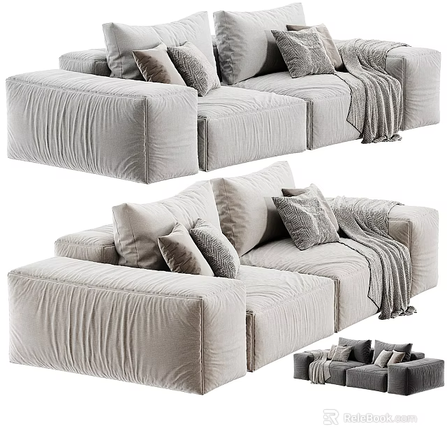 Light Gray Fabric Two Seater Sofa With Decorative Pillows And Throw Blanket 3d model 