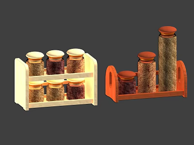 Wooden Spice Racks With Brown Lidded Jars And Spices In Two Colors 3d model
