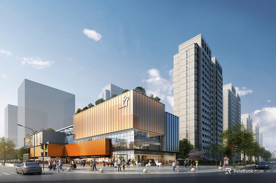 Modern Sales Office Building With Orange Facade Glass Curtain Wall And Urban High Rise Background 3d model 