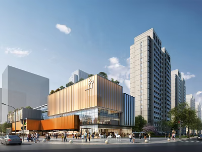 Modern Sales Office Building With Orange Facade Glass Curtain Wall And Urban High Rise Background 3d model