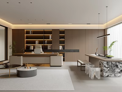 Modern Office Interior Design With Bookshelves Desk Marble Countertop And Plants 3d model