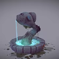 Cartoon Scene Fish Shaped Fountain With Glowing Blue Water Circular Stone Base And Decorative Elements
