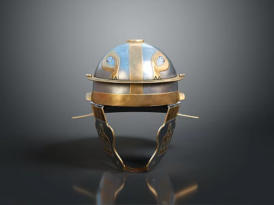 Ancient Style Metallic Helmet With Gold Silver Decoration And Intricate Carved Patterns 3d model