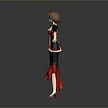 Woman In Black And Red Dress With Red Decorations And Red Shoes On Gray Background