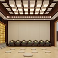 Traditional Chinese Memorial Hall With Wooden Structure Yellow Grid Walls And Offering Table
