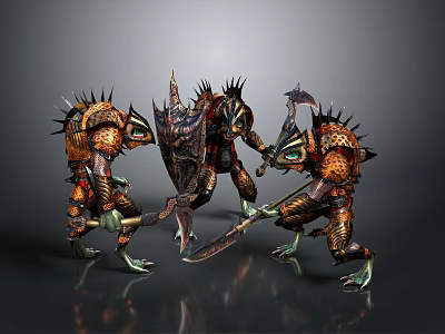 Three Spiked Armor Weapon Wielding Game Movie Fantasy Monstrous Characters With Armored Exoskeletons 3d model
