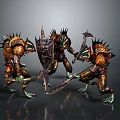 Three Spiked Armor Weapon Wielding Game Movie Fantasy Monstrous Characters With Armored Exoskeletons