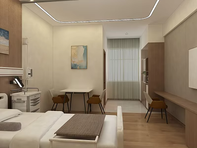Hotel Room Interior Design With Comfortable Bed Table Chairs Decorative Paintings And Lighting 3d model