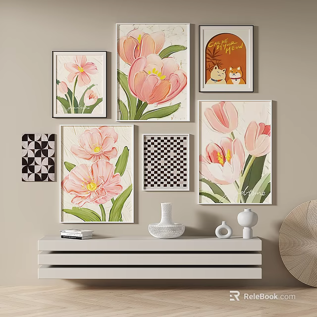 Watercolor Botanical Paintings With Pink Flowers Green Leaves Gallery Wall Decor And Checkerboard Art 3d model 