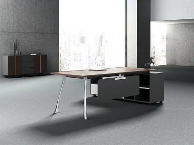 Modern Office Desk With Wooden Top Metal Legs And Storage Cabinet In City View Space 3d model