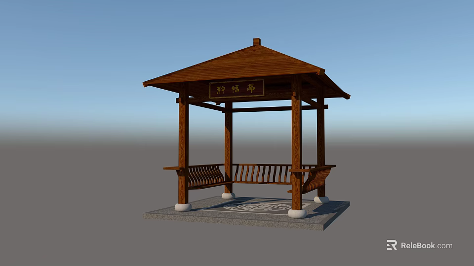 Traditional Wooden Four Cornered Pavilion With Bench Seating And Stone Base 3d model 