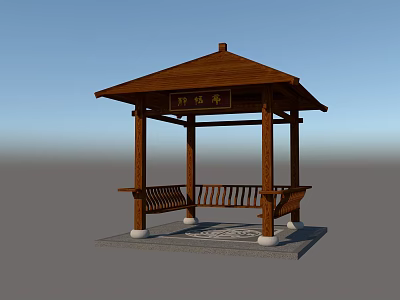 Traditional Wooden Four Cornered Pavilion With Bench Seating And Stone Base 3d model