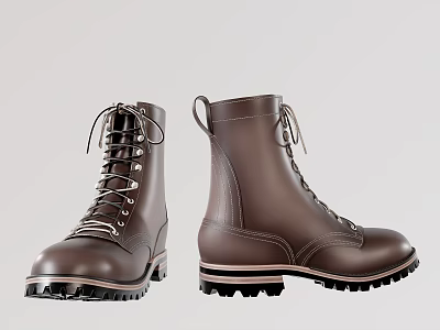 Brown Leather Lace Up Boots With Durable Traction Sole And Classic Design 3d model