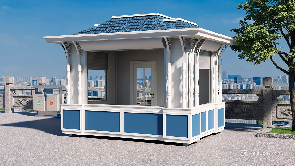 White Kiosk With Blue Roof And Decorative Columns Against City Skyline 3d model 