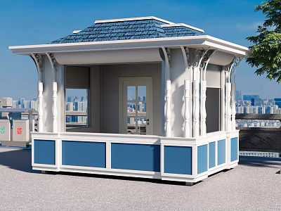 White Kiosk With Blue Roof And Decorative Columns Against City Skyline 3d model
