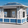White Kiosk With Blue Roof And Decorative Columns Against City Skyline