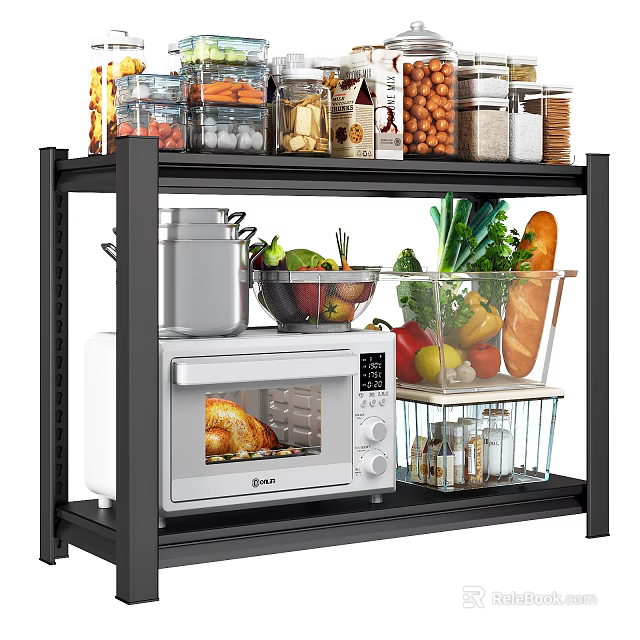 Kitchen Storage Shelf With Microwave Oven Fresh Vegetables Fruit Bread And Jars 3d model