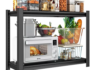 Kitchen Storage Shelf With Microwave Oven Fresh Vegetables Fruit Bread And Jars 3d model
