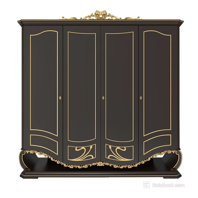 Dark Wooden Sideboard With Gold Accents Four Doors And Ornate Base Design 3d model 