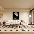 Modern Living Room Interior With Beige Sofa Coffee Table And Decorative Art Rug