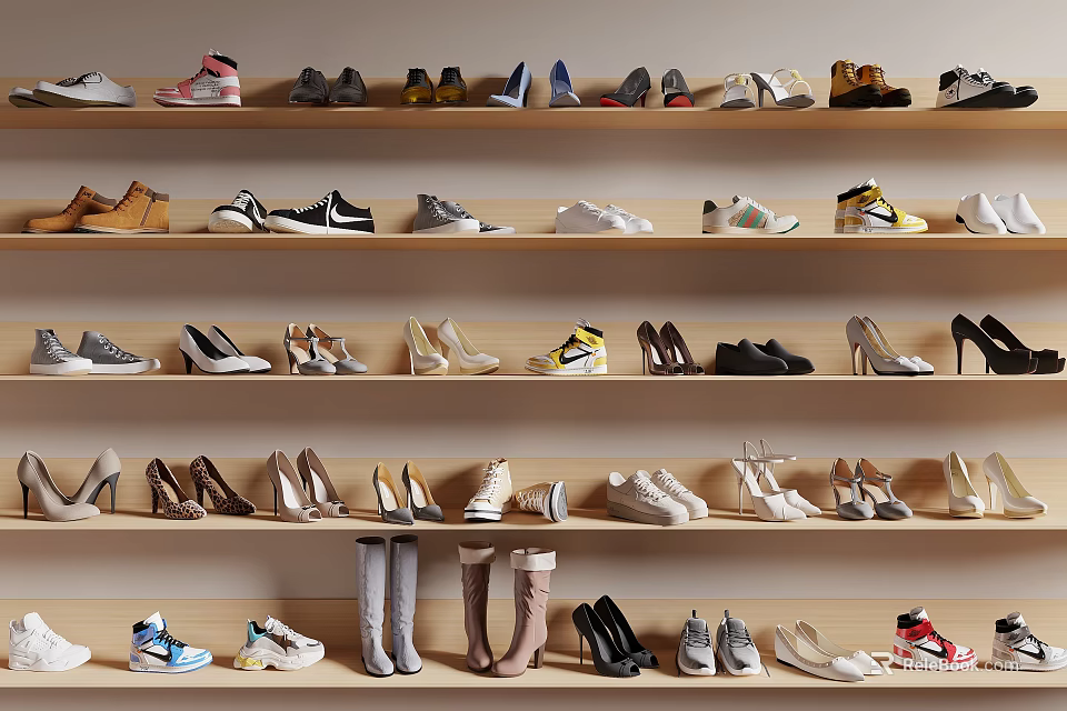 Various Types of Shoes Including Sneakers Heels and Casual Styles Displayed on Wooden Shelves 3d model 
