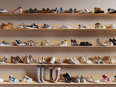 Various Types of Shoes Including Sneakers Heels and Casual Styles Displayed on Wooden Shelves 3d model