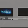 Dual Computer Monitors on White Shelf with Illuminated and Dark Screens Keyboard Mouse