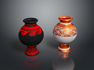 Two Carved Sculpture Vases With Black Red And White Copper Decorative Patterns 3d model