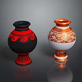 Two Carved Sculpture Vases With Black Red And White Copper Decorative Patterns
