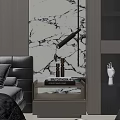 Modern Bedroom Nightstand With Black Leather Headboard Marble Wall And Hand Sculpture