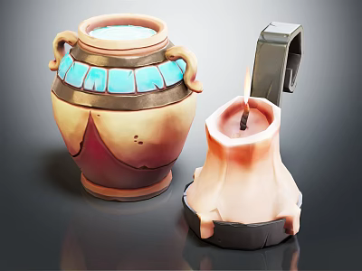 Orange Brown Ceramic Vase With Blue Inlays And Melted Wax Candle Holder 3d model