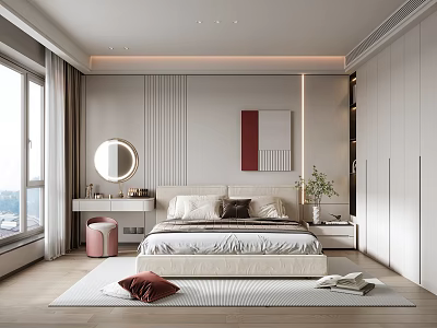 Modern Bedroom Interior With Large Bed Wardrobe Dressing Table Round Mirror And Decorative Painting 3d model