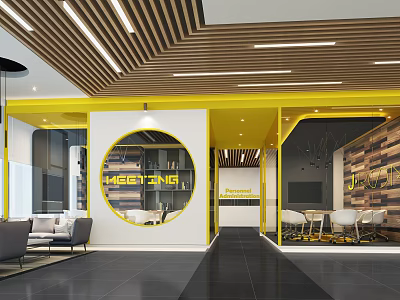 Modern Lounge Area Featuring Yellow Frame Wooden Ceiling Round Window And Comfortable Sofa 3d model