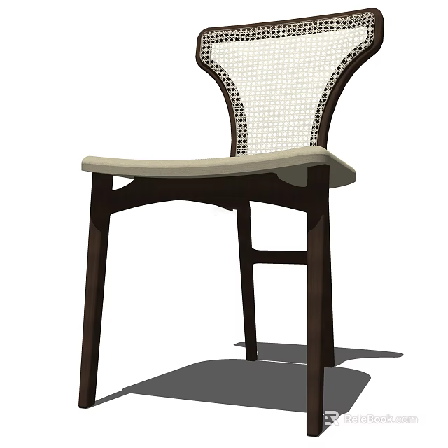 Comfortable Leisure Chair with Woven Backrest Beige Cushion and Dark Wooden Legs 3d model 