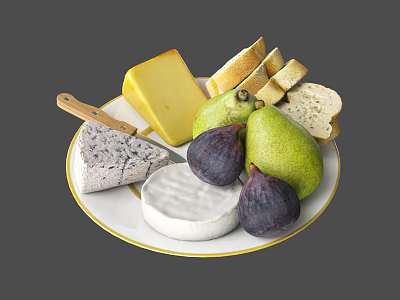 Assorted Cheeses And Fresh Fruits Platter With Bread Slices And Cheese Knife 3d model