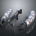 Tactical Gun With Camouflage Gloves On Dark Reflective Surface 3d model
