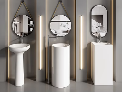 Modern White Washbasin Designs with Various Shapes Round Mirrors and LED Lighting 3d model