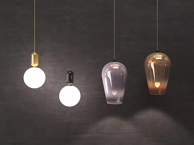 Modern Pendant Lights With Four Glass Shades In White Purple Gold Hanging On Dark Background 3d model