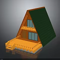 Triangular Roof House With Green Roof Orange Exterior Wooden Deck And Stairs