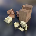 Cardboard Boxes In Various Sizes With Stacked Unfolded Pieces On Dark Surface 3d model