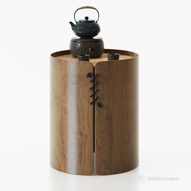 Wooden Round Side Table With Minimalist Design Teapot And Natural Wood Grain 3d model 