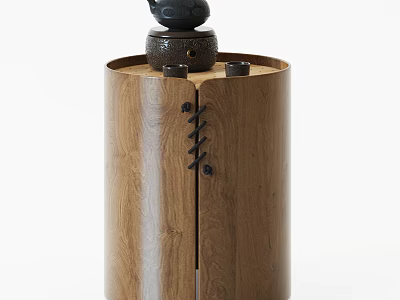 Wooden Round Side Table With Minimalist Design Teapot And Natural Wood Grain 3d model