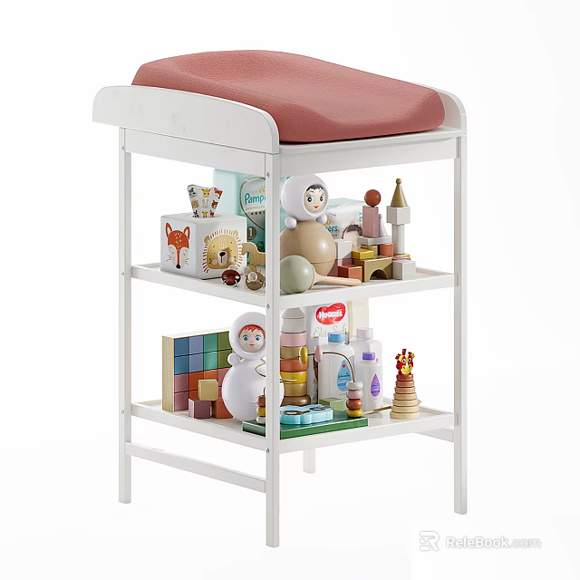 White Multi Tier Storage Shelf For Kids Room With Wooden Toys And Stuffed Animals 3d model 