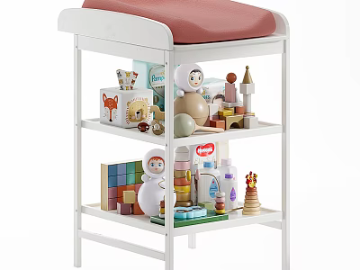 White Multi Tier Storage Shelf For Kids Room With Wooden Toys And Stuffed Animals 3d model