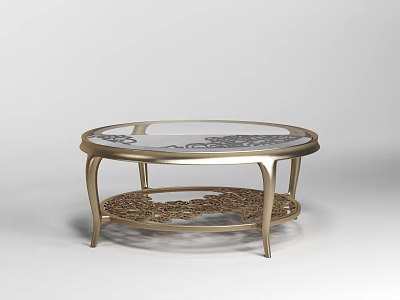 Round Dining Table With Gold Metal Frame Ornate Carving Glass Top And Lower Decorative Shelf 3d model